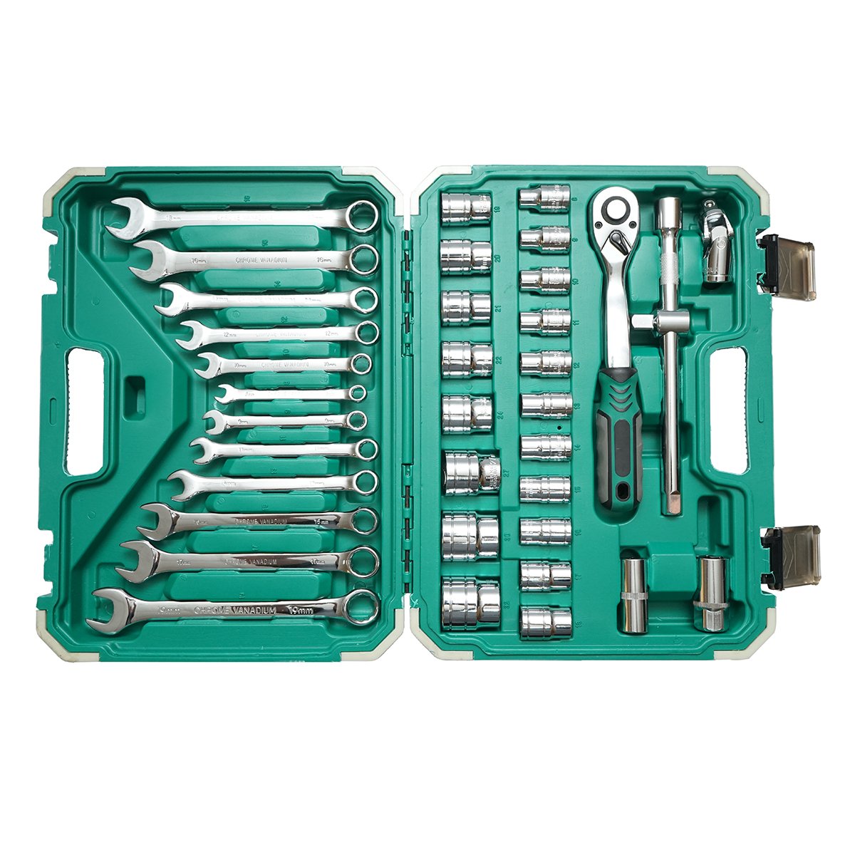 Trusa chei tubulare 1/2 8-32 mm + chei fixe combinate 8-19 mm, clichet eliberare rapida, extensie 10, articulatie universala, prize bujie 16/21, adaptor 1/2Mx3/8F, 37 piese Breckner Germany